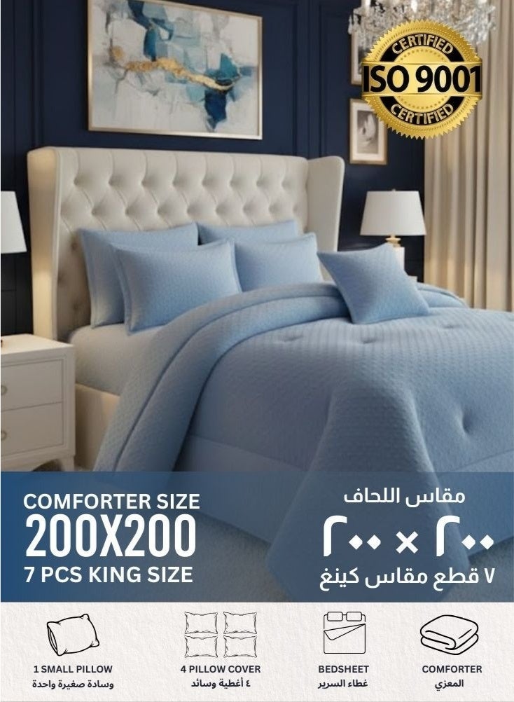 Comfort 7 Pieces Comforter Set, Fits 200 cm x 200 cm Bed, Microfiber King Size with Cozy Filling Best For Winter, Soft Premium Design – Sky Blue - Image 1